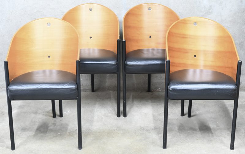 “Costes”. Een lot van 4 vintage design stoelen uit multiplex en gefineerd eikenhout. Metalen frame op drie poten, leder en kunststoffen zitting. Ontwerp door Philippe Starck voor Driade.