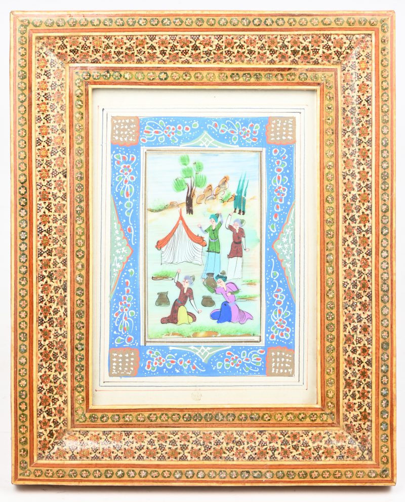 Perzische tekening op kunststof in ingelegde kader.
