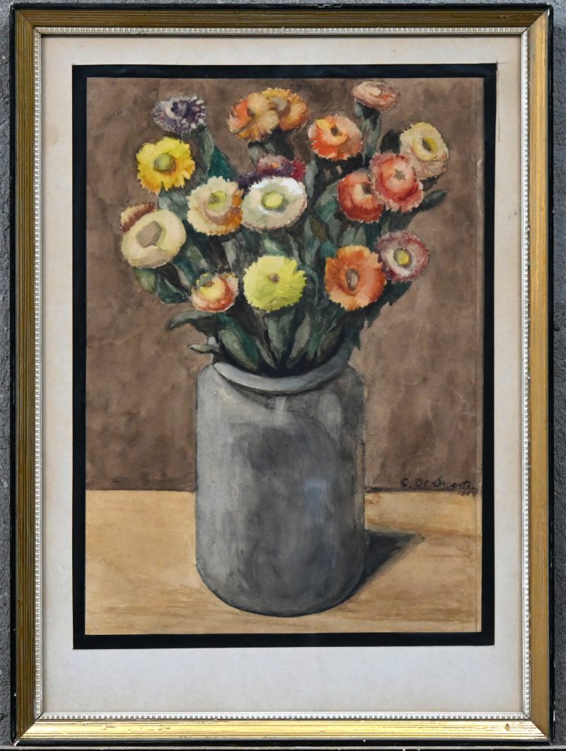 “Vaas met strobloemen”. Een aquarel. Gesigneerd en gedateerd 1954.