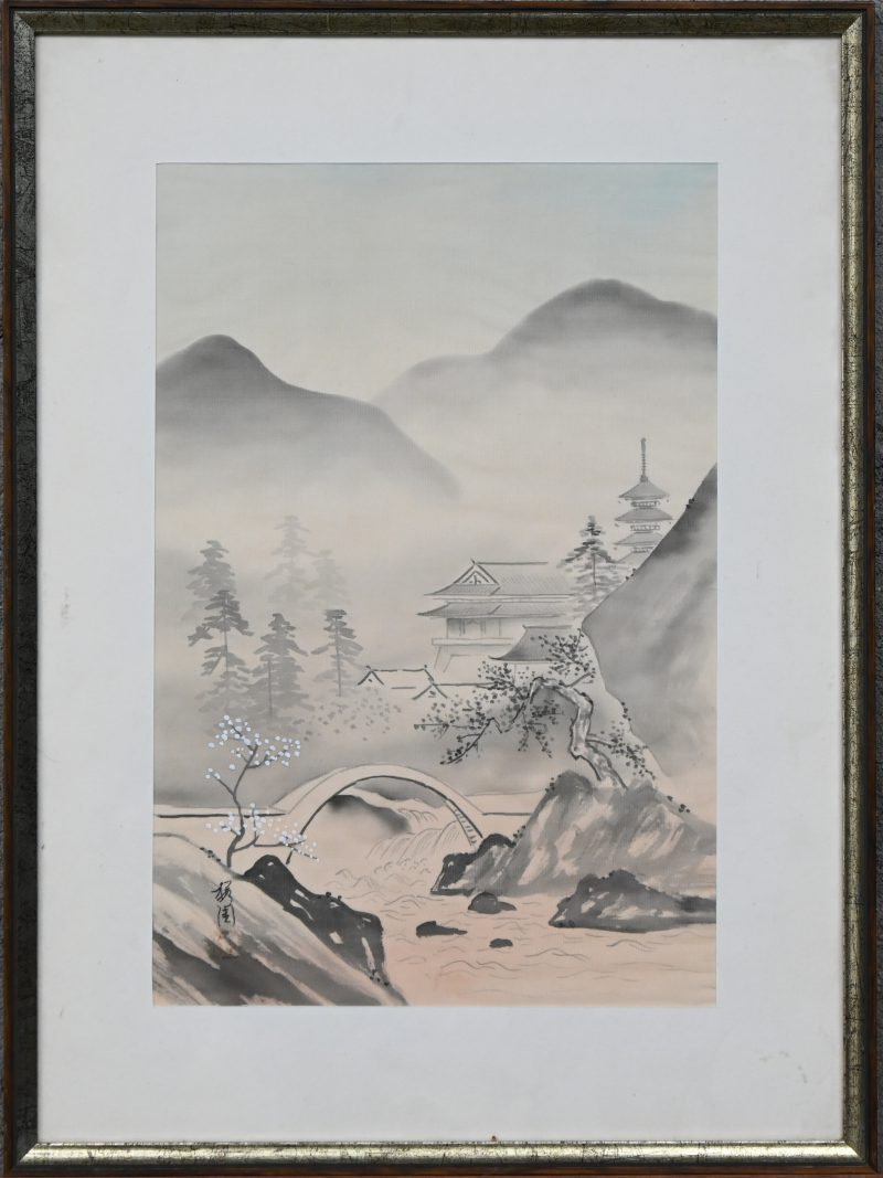 Een Chinese tekening met zijde met een landschapsdecor. Gesigneerd.