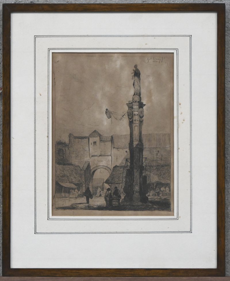 “De Mariazuil op de Oude Vismarkt in Antwerpen”. Een ets op papier. Signatuur “Egit Linnig ft 1841”.