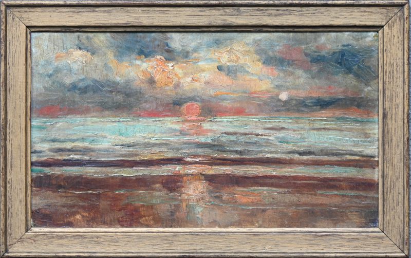 “Zonsondergang”. Een schilderij, olieverf op paneel.