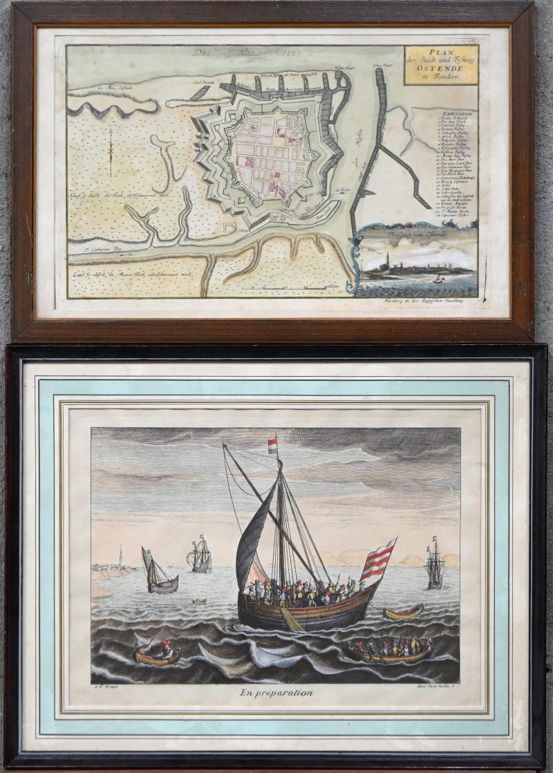 Een lot van 2 gravures, een oud plan van Oostende en ‘En Préparation’, een maritiem zicht.