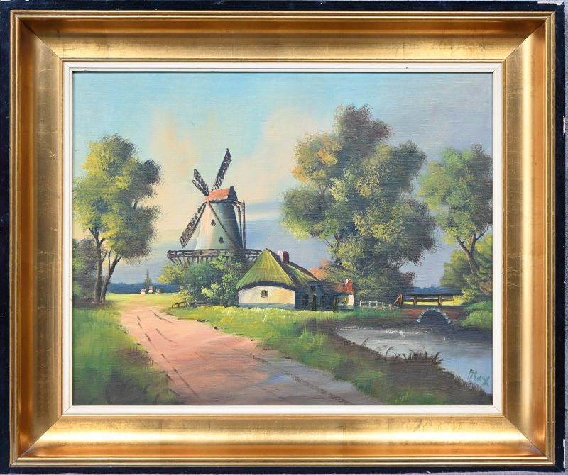 “Landschap met molen”. Een schilderij, olieverf op doek.