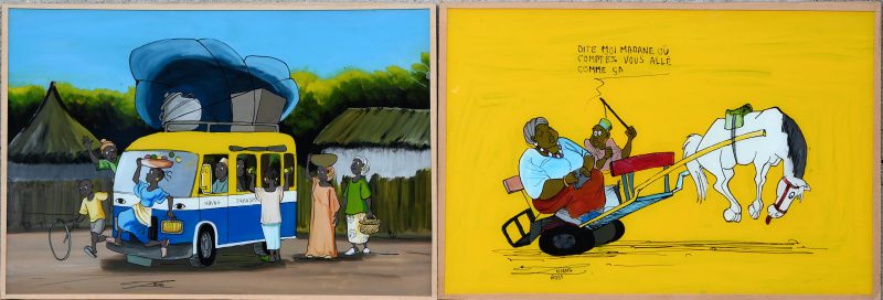 “Sous-verre”. Een lot van 2 Senegalese karikaturale schilderijen in glas. Onderaan gesigneerd.