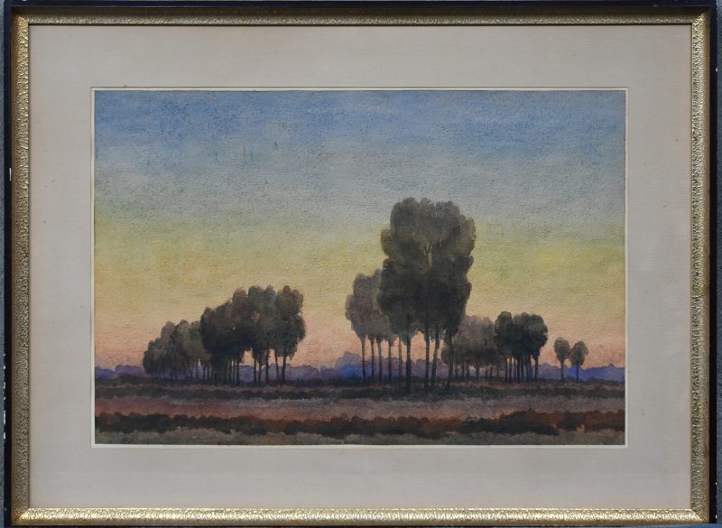 ‘Landschap met bomen’, aquarel op papier, draagt handtekening.