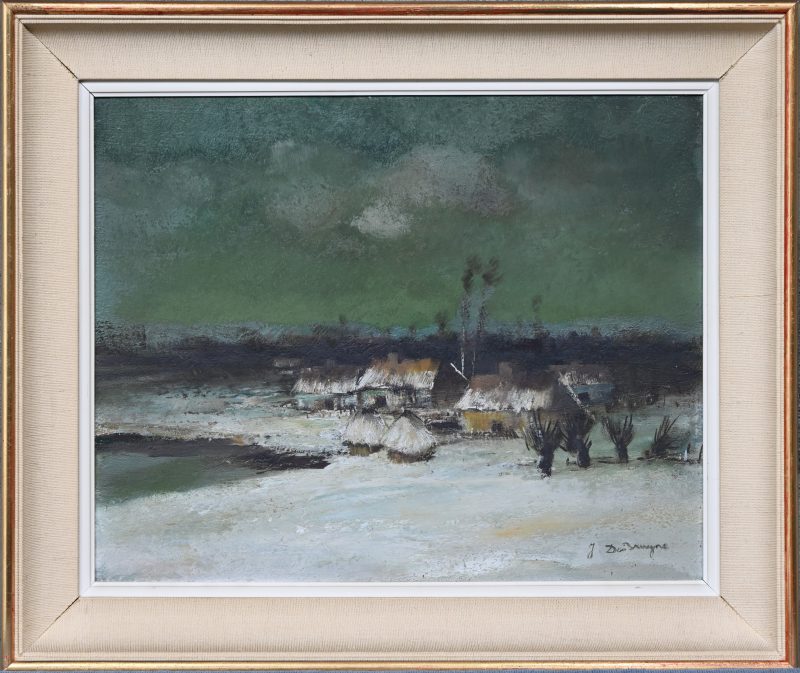 ‘Winterlandschap’, olieverf op paneel, getekend J. De Bruyne.