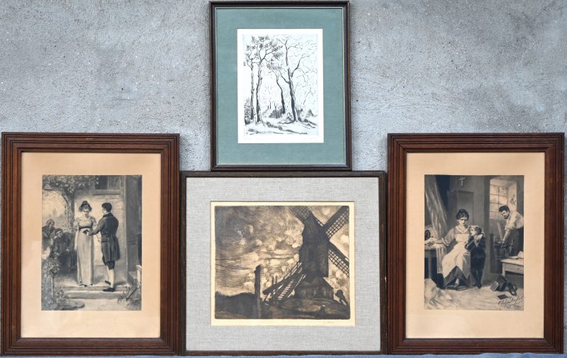 Een lot van 4 stuks grafiek, twee maal Strybol uit 1912, Lente en een kerktoren.