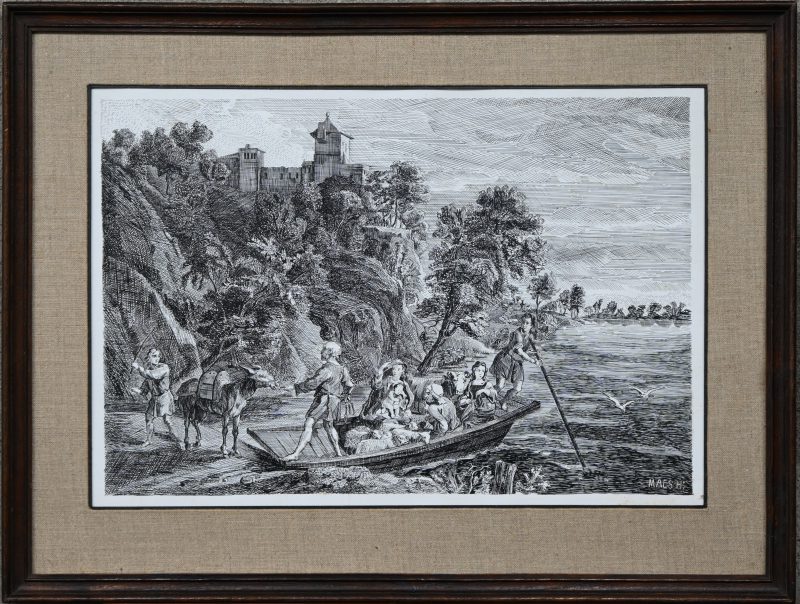 Een tekening van een Italiaans landschap met figuren op een sloep, getekend Maes Hr.