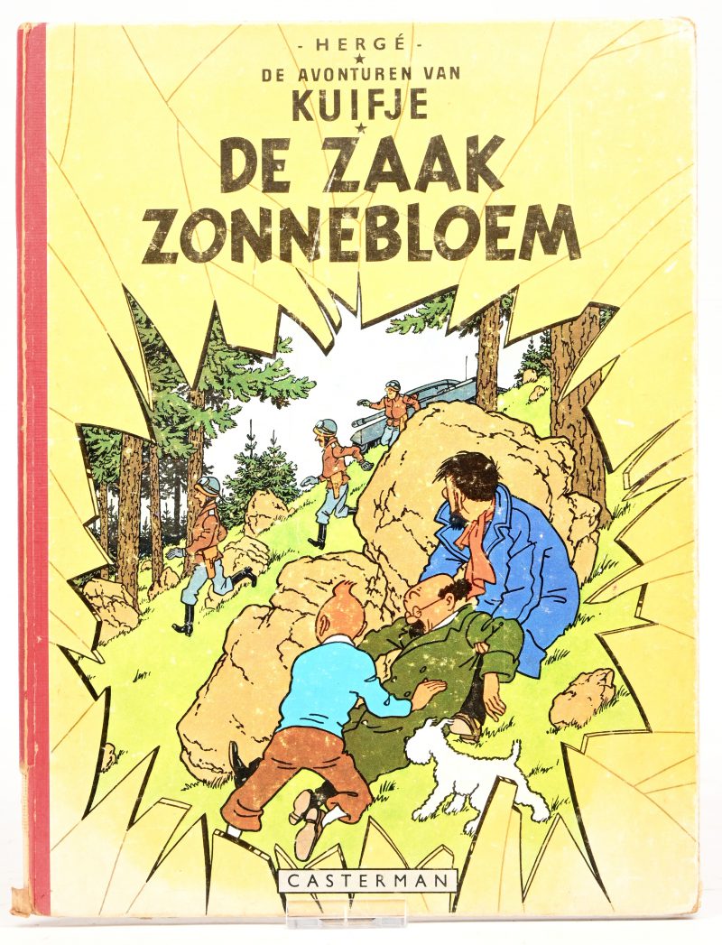 De avonturen van Kuifje - De zaak Zonnebloem. Eertse druk, 1956, hardcover. Versleten rug en beschadigde hoeken.