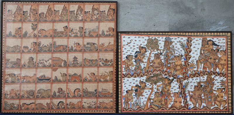 Een lot van twee Balinese handbeschilderde kaders waaronder een Pawukon-kalender en een schildering met goden.