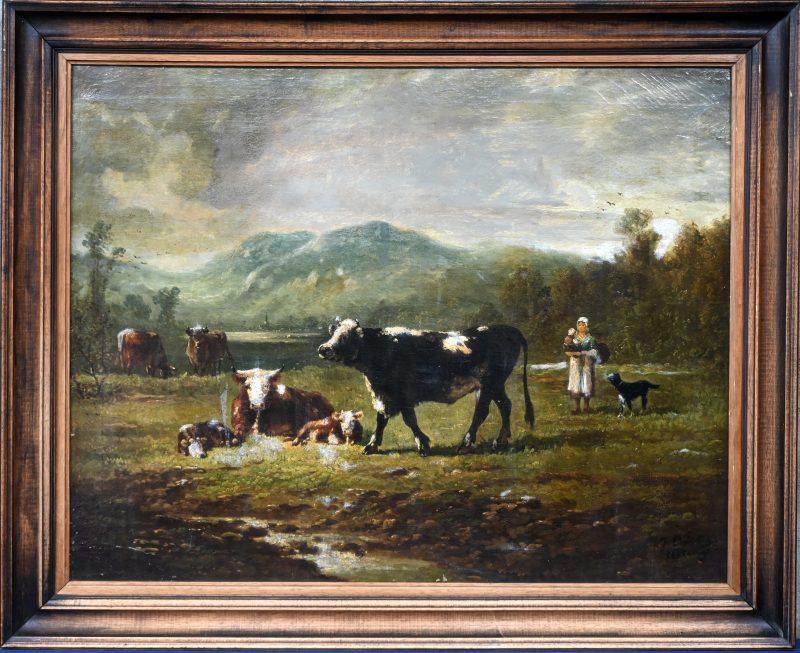 ‘Heuvellandschap met boerin en koeien’, olieverf op doek, onduidelijk getekend en gedateerd 1884. Herdoekt.