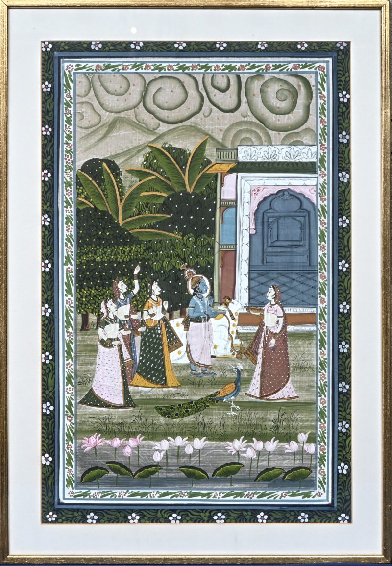‘Indisch tafereel met heilige en koe’, geschilderd op zijde.
