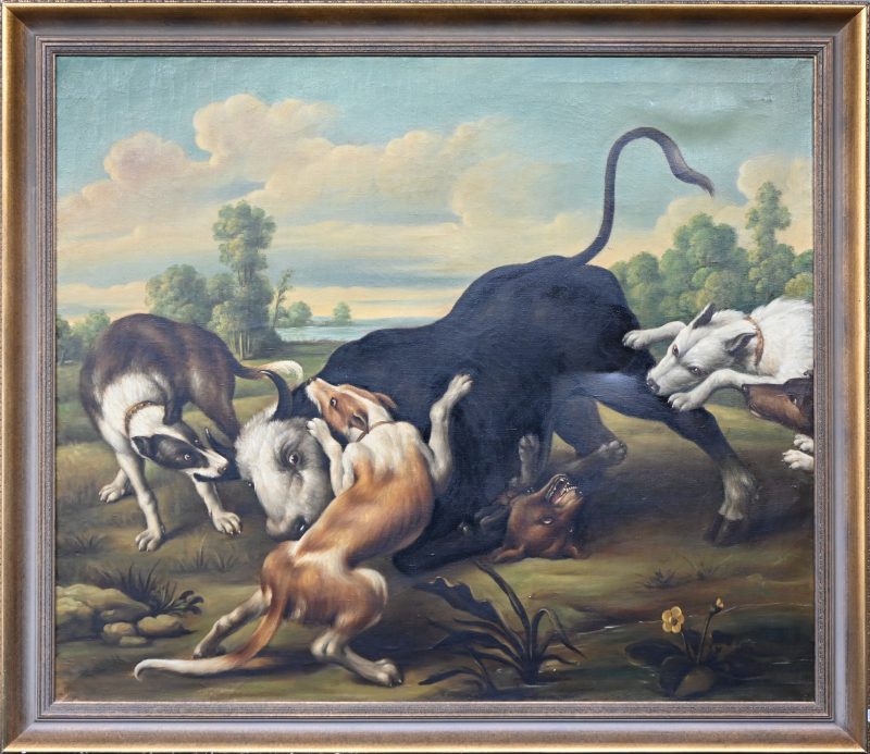 “Toro rendido por perros”. Een schilderij, olieverf op doek. Replica naar het werk van Paul de Vos.