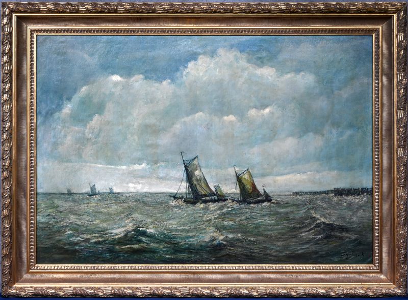 “Vissersboten op zee”. Een schilderij, olieverf op doek. Onderaan gesigneerd.