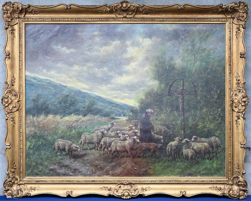“Herder met schapenkudde”. Een schilderij, olieverf op doek, onderaan gesigneerd.