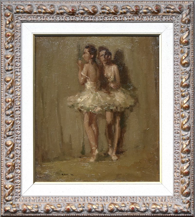 “Twee Ballerina’s”. Een schilderij, olieverf op doek. Onderaan gesigneerd en gedateerd ‘44.