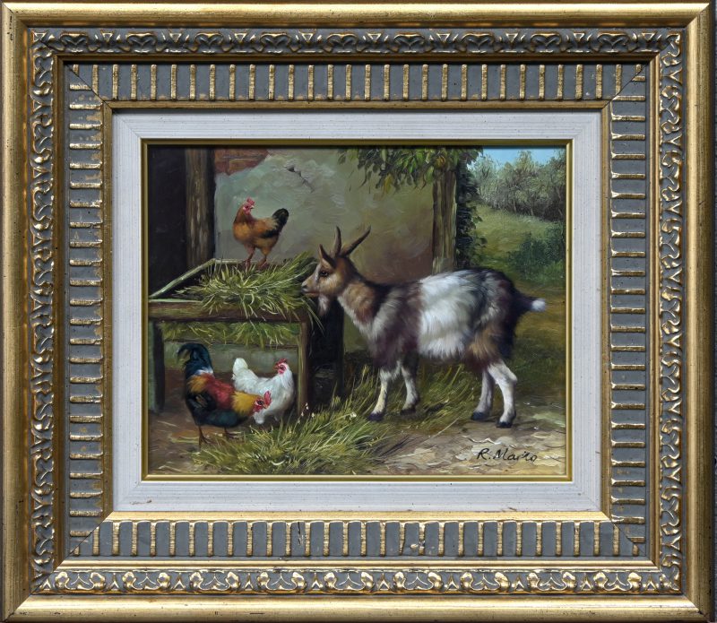 “Stalzicht met geit en kippen”. Een schilderij, olieverf op paneel. Onderaan gesigneerd.