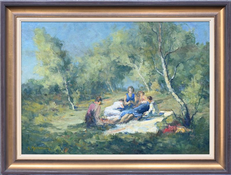 “Een zomerse picnic”. Een schilderij, olieverf op schilderspaneel, gesigneerd A. Matthyssens.