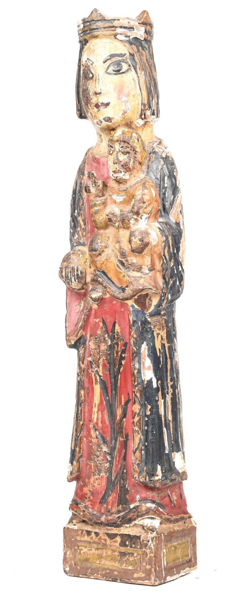 Een meerkleurig polychroom houten gesculpteerd Mariabeeld met kind en kroon. 16e eeuws.