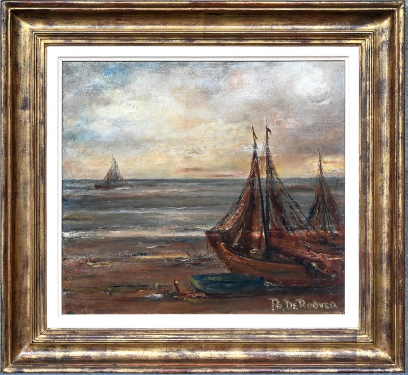 “Zeezicht met vissersboten”. Een schilderij, olieverf op doek. Onderaan gesigneerd.