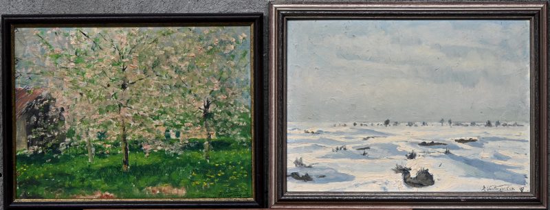 “Winters Heidezicht” & “Lente in bloei”. Een lot van 2 schilderijen, olieverf op paneel. Onderaan gesigneerd.