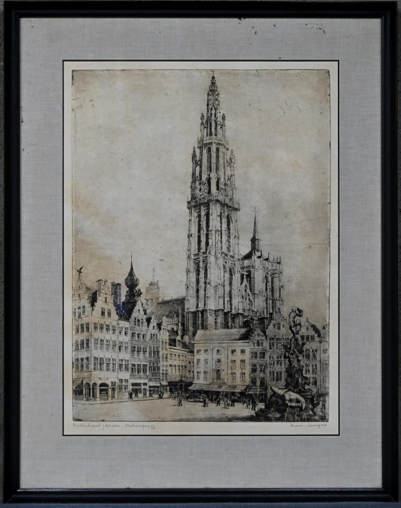 “Kathedraal”, (Brabo - Antwerpen), een ets op papier door Romain Malfliet, getekend buiten de plaat en genummerd 21/100.