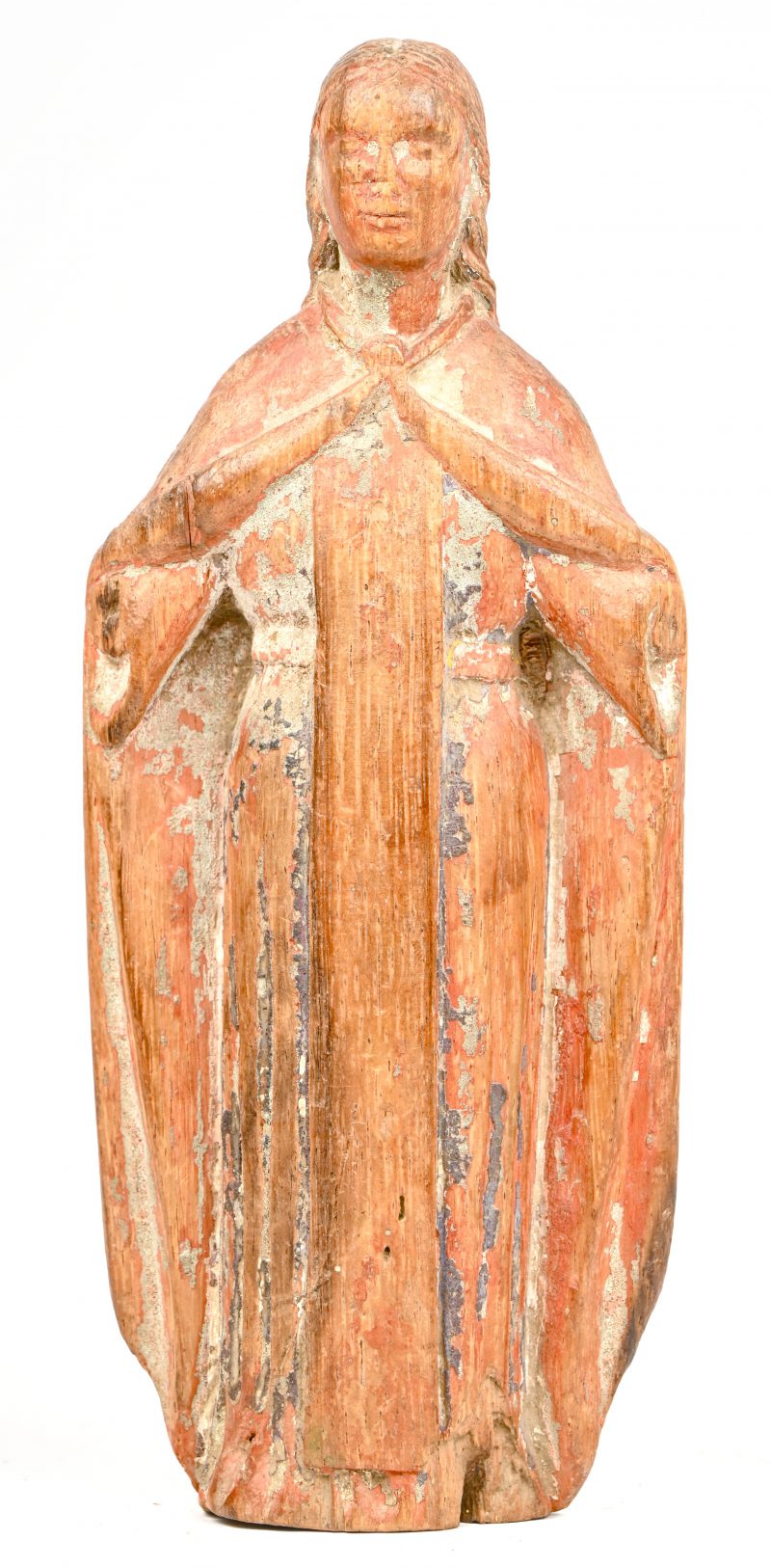 Een polychroom houten gesculpteerd Mariabeeldje. 19e eeuws.