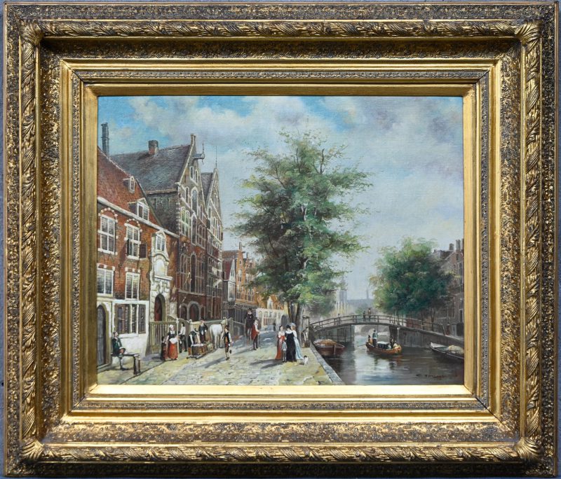 “Stadstafereel Brugge”. Een schilderij, olieverf op doek, gemarouffleerd. Naar een werk van Cornelis Springer.