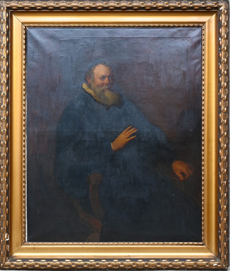 “Portret van Ds. Eleazar Swalmius”. Een schilderij, olieverf op doek. Bovenaan gesigneerd. Naar het werk van Rembrandt.