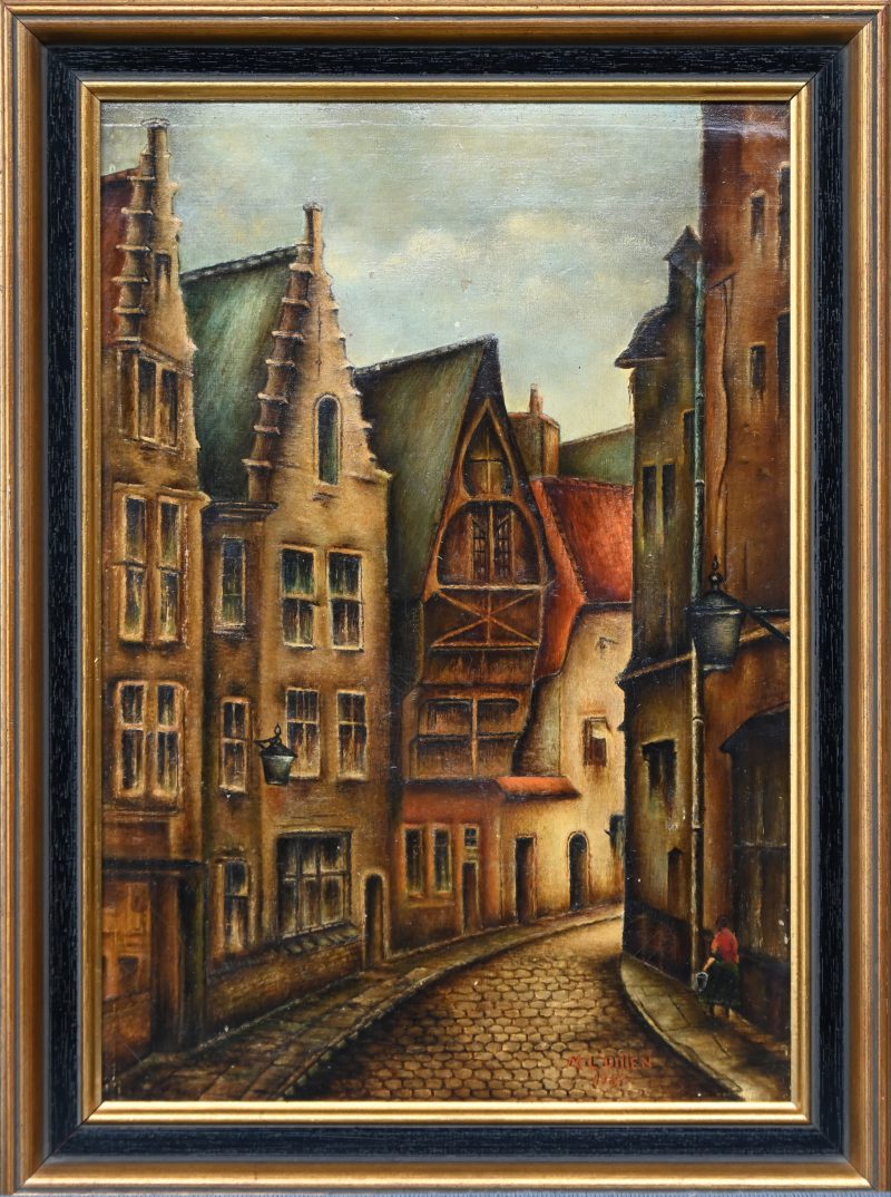 “Kloosterstraat, Antwerpen”. Een schilderij, olieverf op doek. Onderaan gesigneerd en gedateerd, 1957.