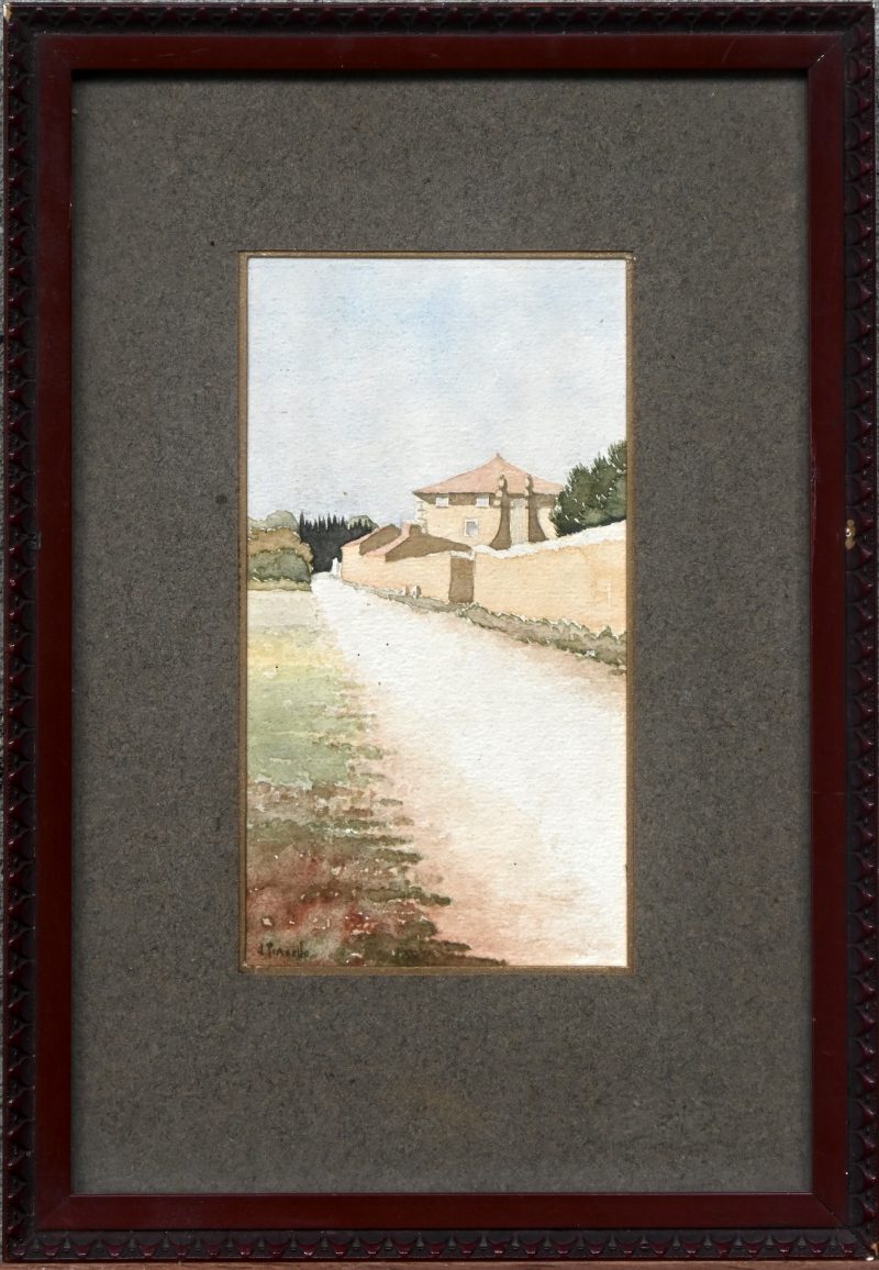 “Straatzicht”, aquarel op papier, gesigneerd J. Pianello.