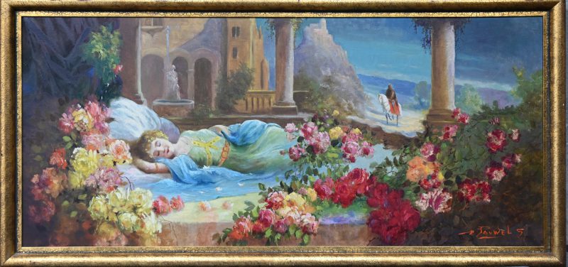 “Rustende dame in een Italiaanse setting”, olieverf op doek, getekend H Pauwels.