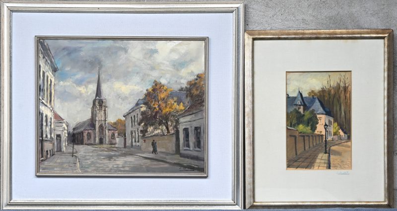 “De Pastorij van Wilrijk”. Een lot van 2 schilderijen, 1 olieverf op doek en 1 gemengde techniek op papier. Onderaan gesigneerd.