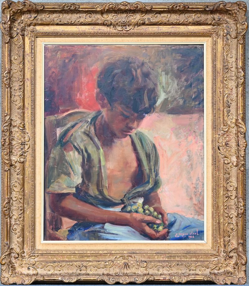 “Jonge Gitano met druiven”. Een schilderij, olieverf op doek, Onderaan gesigneerd en gedateerd 1962.