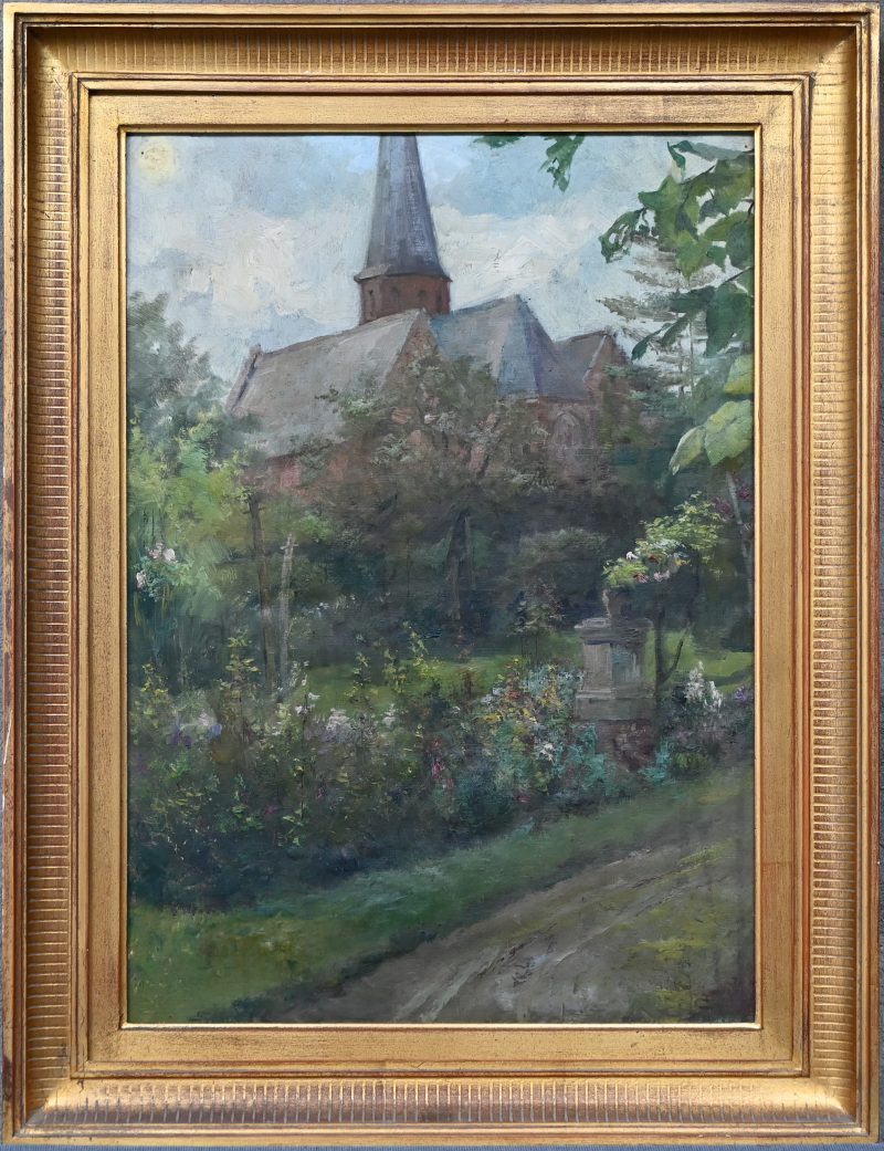 “Kerkgezicht vanuit de tuin”. Een schilderij, olieverf op doek. Onderaan onleesbaar gesigneerd.