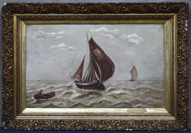“Zeezicht”. Een schilderij, olieverf op doek, onderaan gesigneerd en gedateerd 1911.