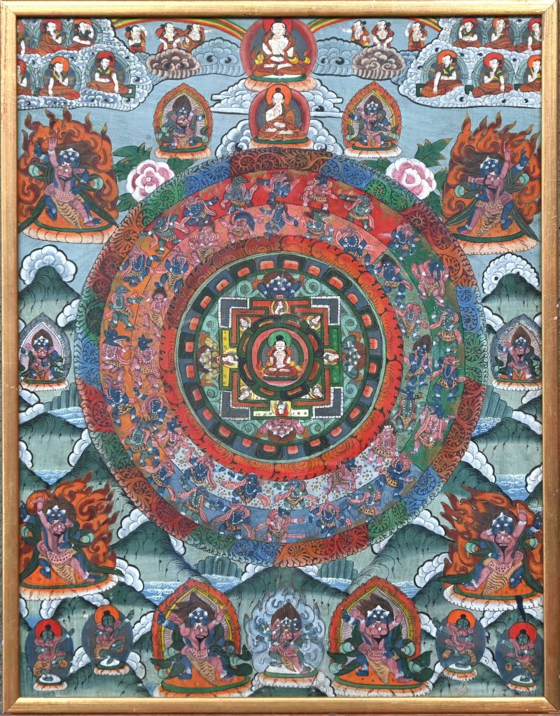 Een Buddhistische Thangka, geschilderd op zijde.