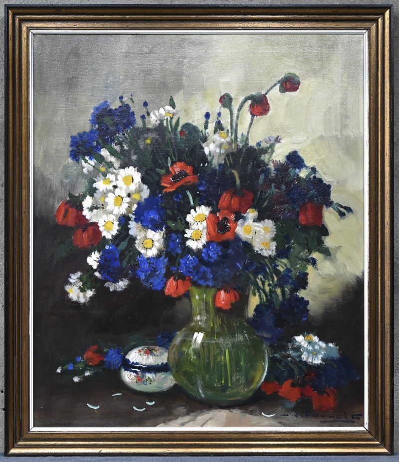 Een bloemenstilleven, olieverf op doek, getekend H. J. Pauwels.
