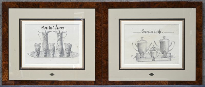 Een set van twee kaders met potloodtekeningen uit de Pieter Porters Collection: ‘Service à liqueurs’ en Service à café’.