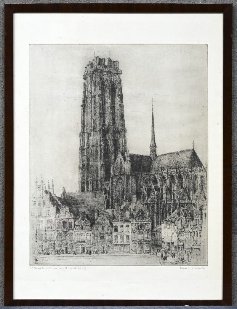 ‘St Rombautstoren (markt Mechelen)’, een ets getekend buiten de plaat Romain Malfliet en genummerd 27/50.