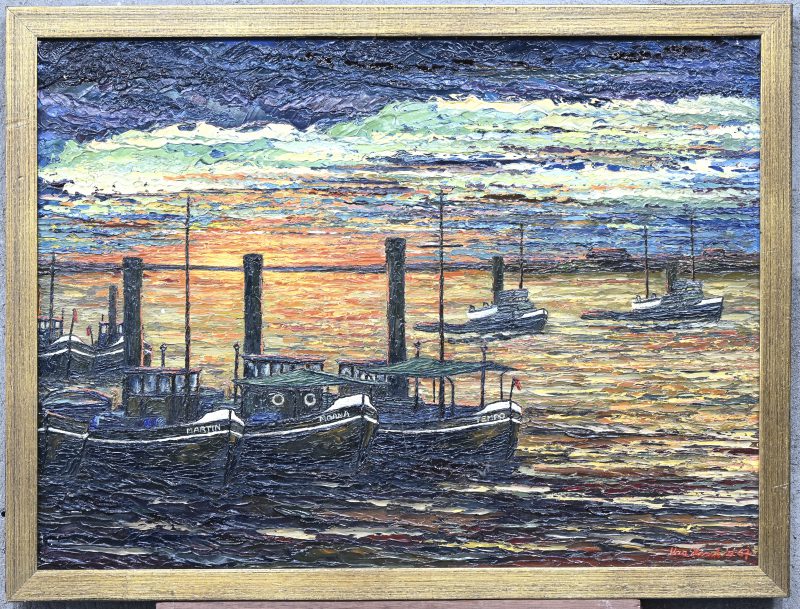 ‘Aangemeerde schepen’, een maritiem schilderij, olieverf op doek, gesigneerd Van Herck W. en gedateerd 1967.