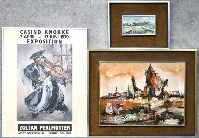 Een lot van twee schilderijen en een expositieposter van Perlmutter Zoltan, olieverf op paneel.