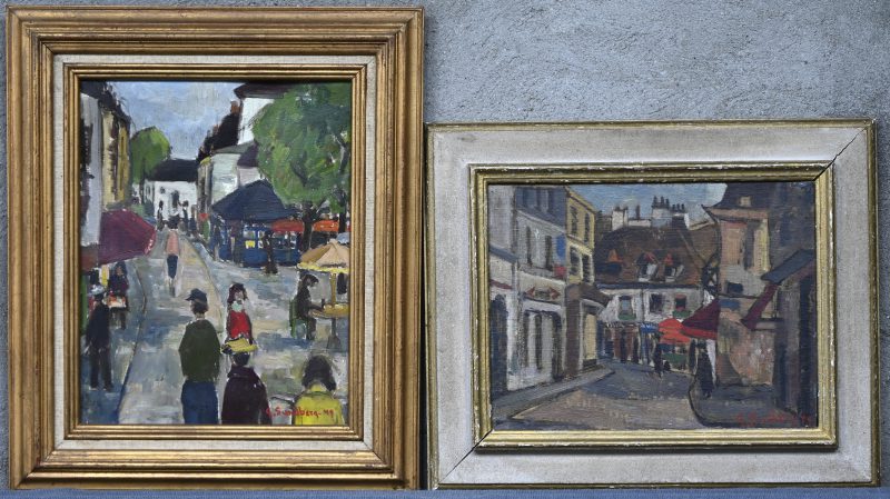 “Place de Terte, Paris”. Een lot van 2 schilderijen, olieverf op board. Onderaan gesigneerd.