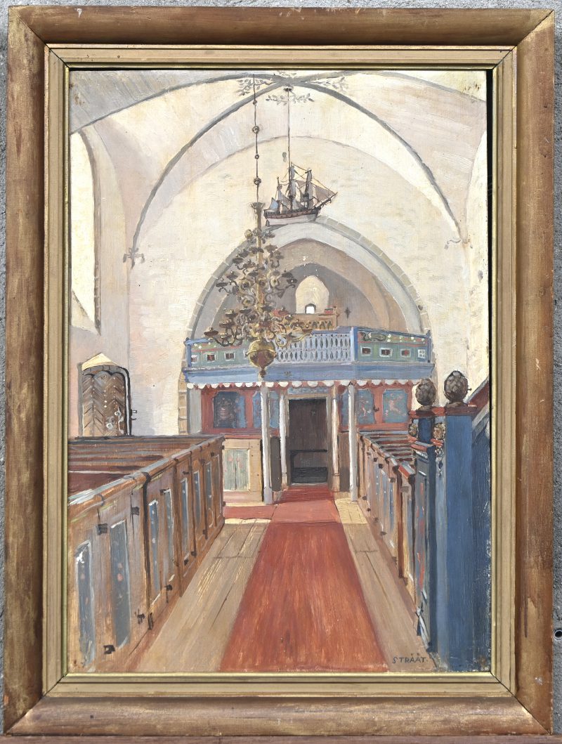 “Kerk interieur”. Een schilderij, olieverf op paneel. Onderaan gesigneerd.