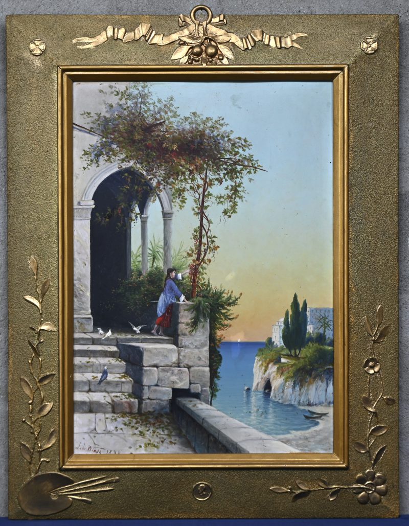 “Mediterraans druivenplukster”. Een schilderij, olieverf op paneel. Onderaan gesigneerd.