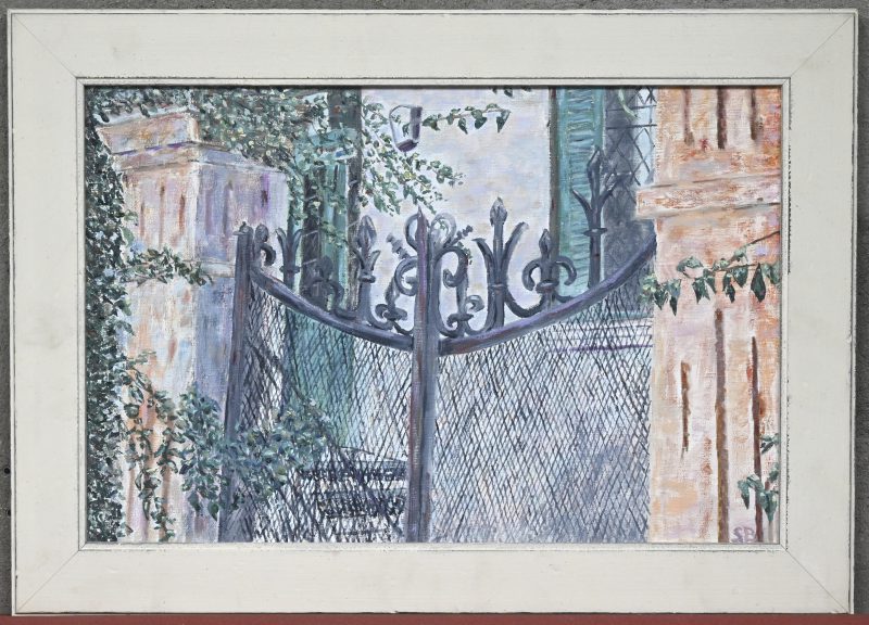 “Metalen poort”. Olieverf op doek. Gemonogrammeerd en op de verso gesigneerd en gedateerd 2002.