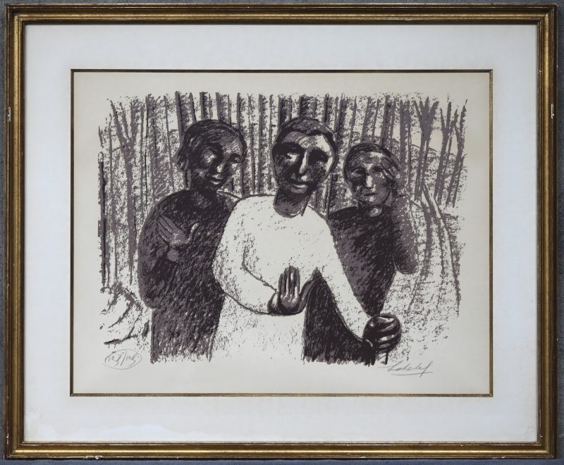 “Drie personages”. Litho. Gesigneerd en genummerd 129/129 buiten de plaat.