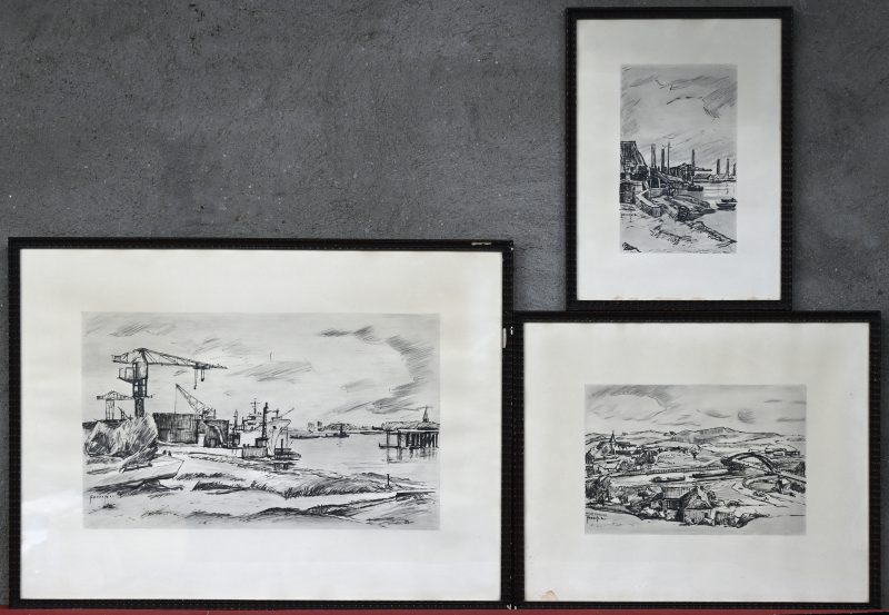 lot van 3 etsen-”Havenlandschap” - “Rivierlandschap”, “Havenzicht met kranen”, litho op papier gemengde techniek, gesigneerd onderaan “Franck L.”.