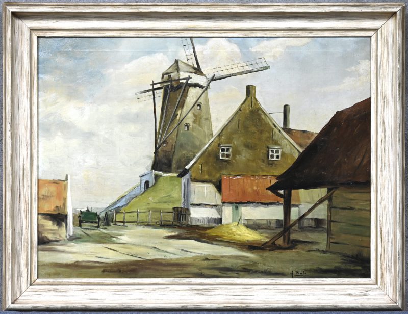 “Boerderij met molen”. Een schilderij, olieverf op doek. Onderaan onleesbaar gesigneerd, mogelijk “A. Buls”